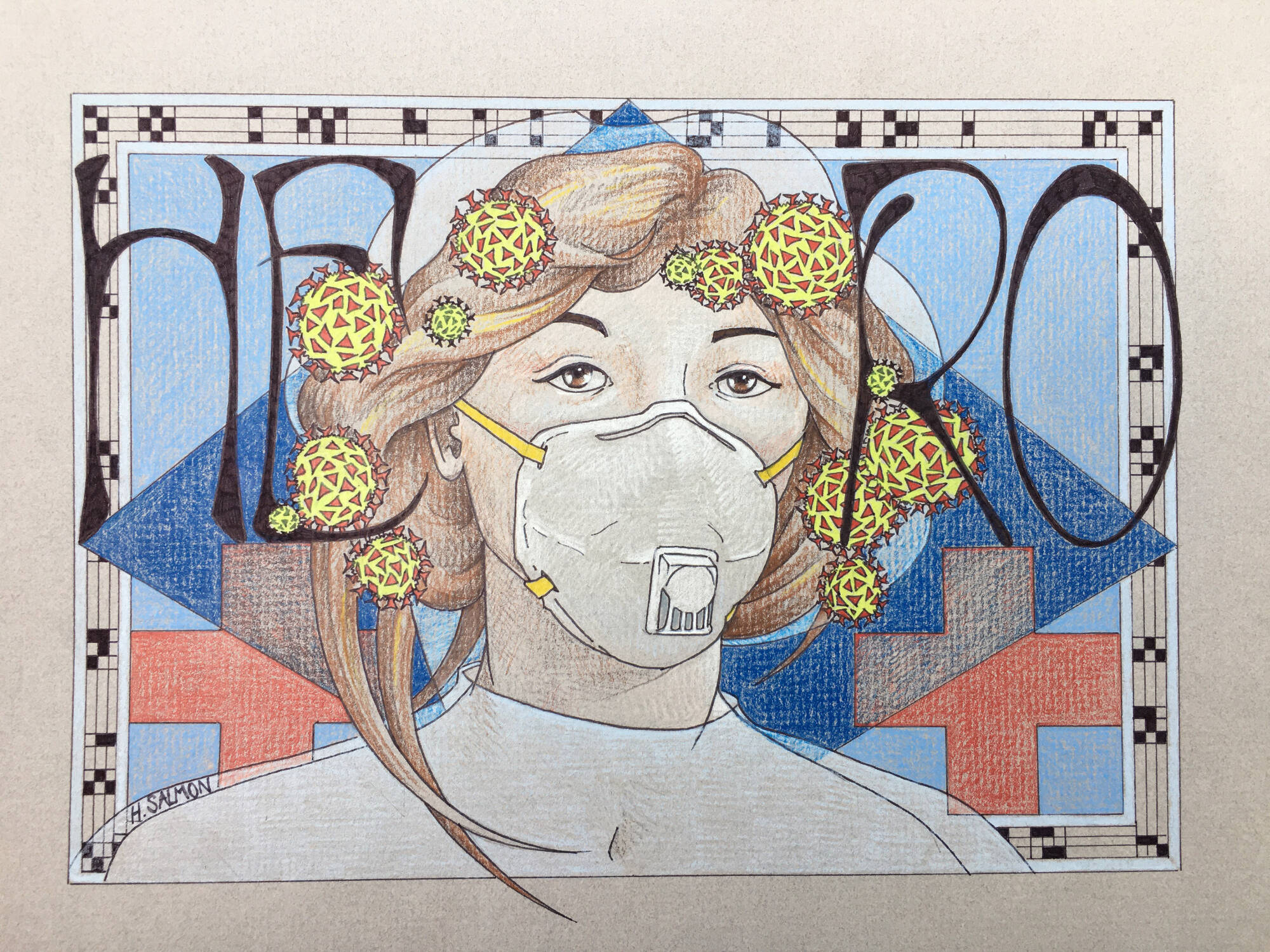 Colorful poster of a nurse wearing a mask with COVID particles around her face. "HERO" is spelled out around her. Red crosses in the background.